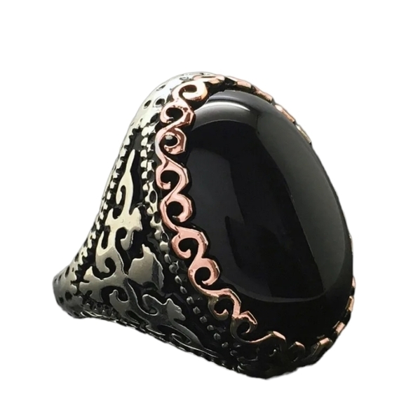 Silver tone ring oval black stone multi sizes - Picture 1 of 8